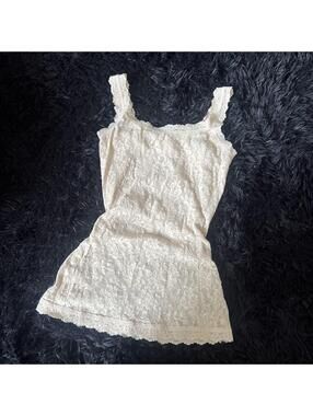 Vintage 90s Romantic Cream Floral Lace Camisole Top XS Sheer Mesh Made in USA